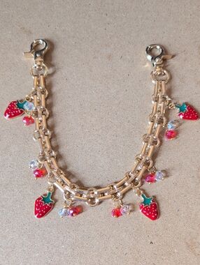 Gold Strawberry Bag Charm Chain with Red & Green Enamel